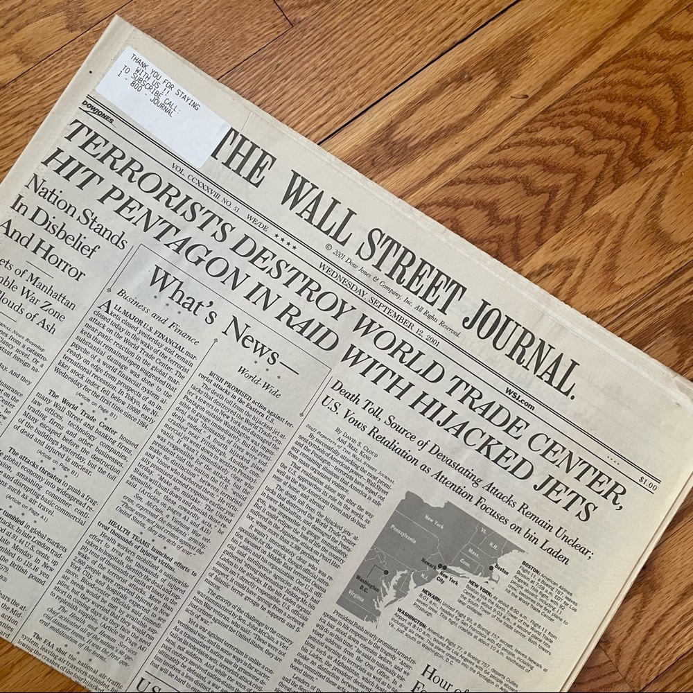 Wall Street Journal from 9/12/2001, chronicles 9/11